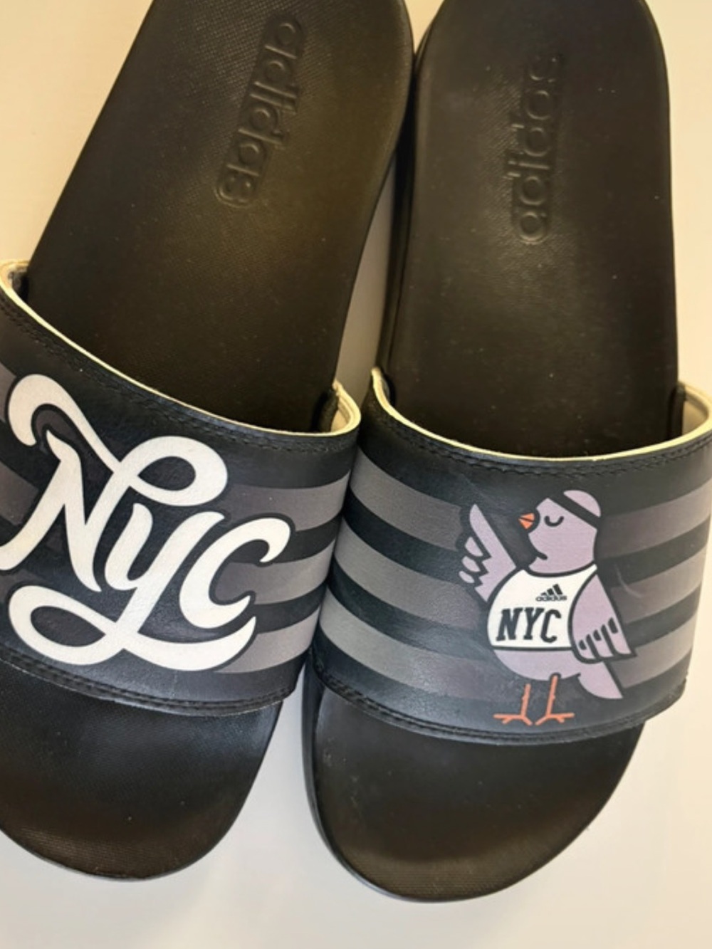 💝adidas Black and Gray NYC Pigeon Slide Sandals💝